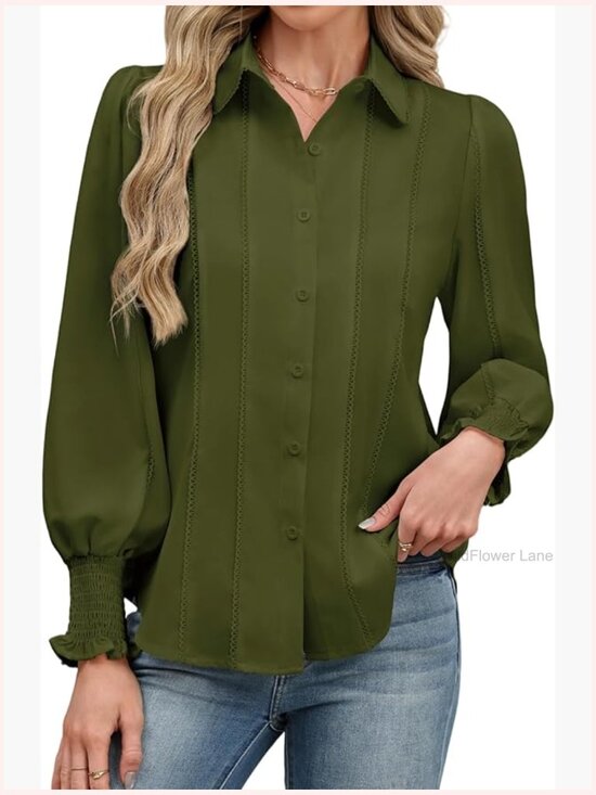 Tops - Women's Dressy Casual Button Down Blouse Business Work Top Smocked Cuffed
